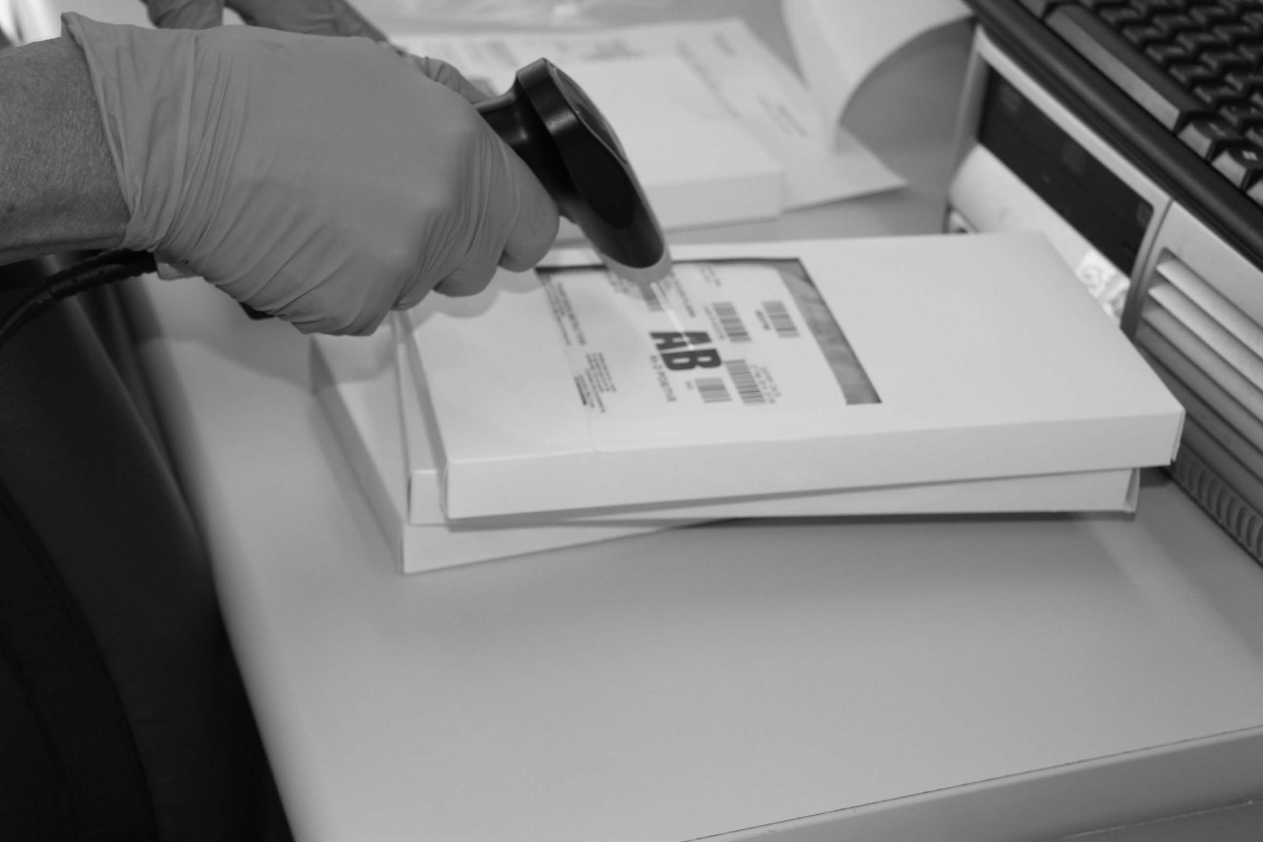 Photo of scanning blood product in black and white