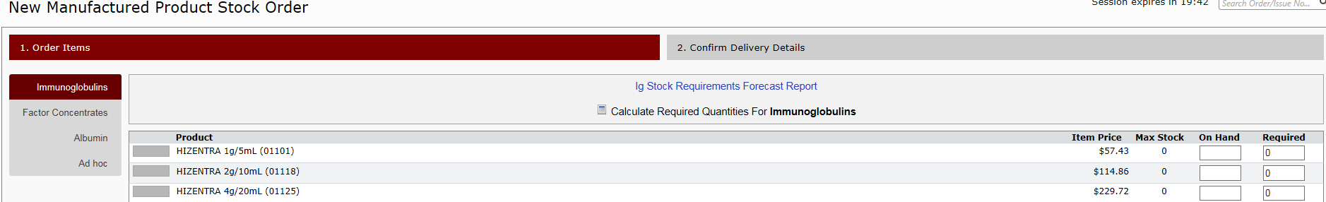picture of example of Ig Stock Requirements Forecast Report in Bloodnet 