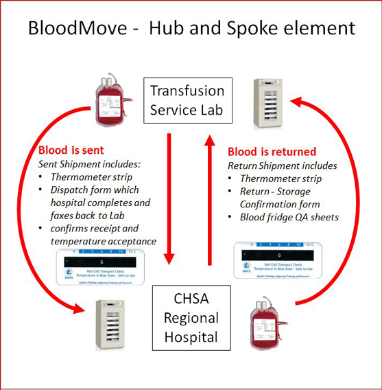 Flowchart depicting how blood is shipped between Transfusion Labs and CHSA Regional Hospitals. Described in detail below.